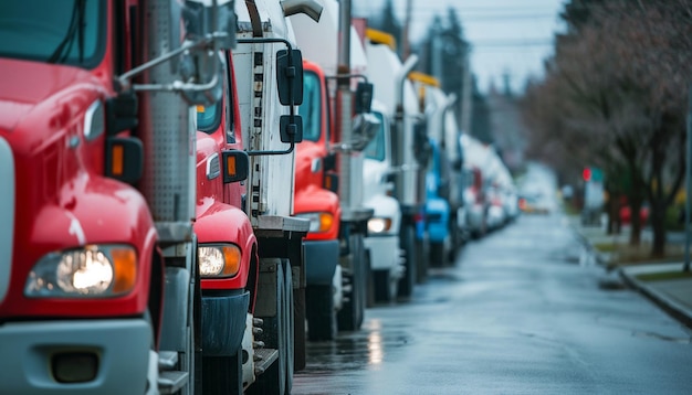 a row of red trucks with the headlights on