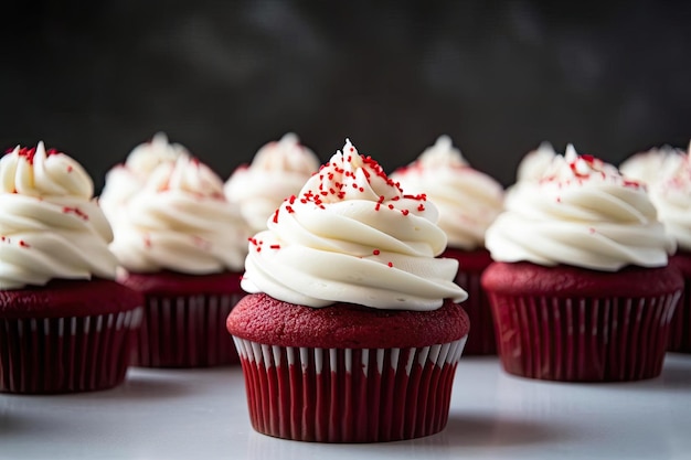 A row of red velvet cupcakes with white frosting and sprinkles on top.