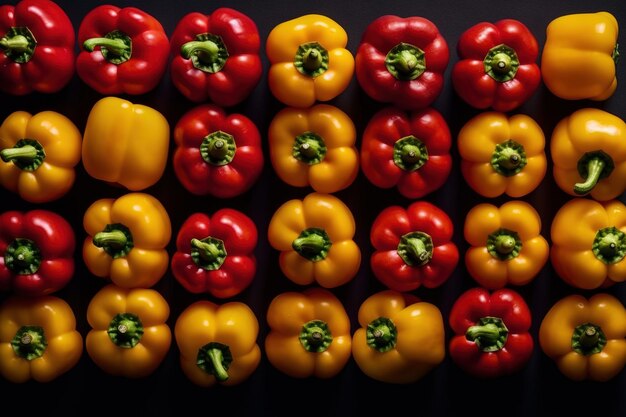 A row of red and yellow peppers