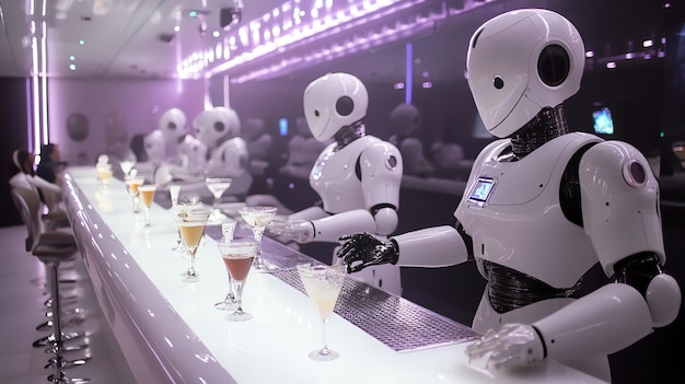 A row of robot bartenders serve drinks in a futuristic bar