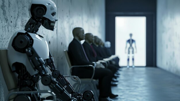 Photo row of robots and humans seated in an office corridor for job interviews illustrating the future of ai in professional settings highlighting technological advancements