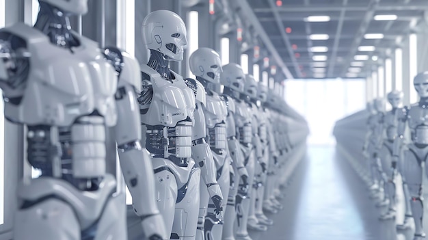 Row of Robots Standing in a Modern Factory