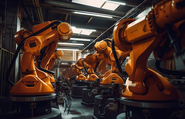 A row of robots in a warehouse with the word robot on the front.