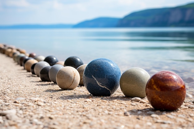 a row of rocks on the beach next to a body of water