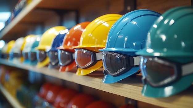 Photo a row of safety helmets with goggles on top representing essential safety equipment used in co