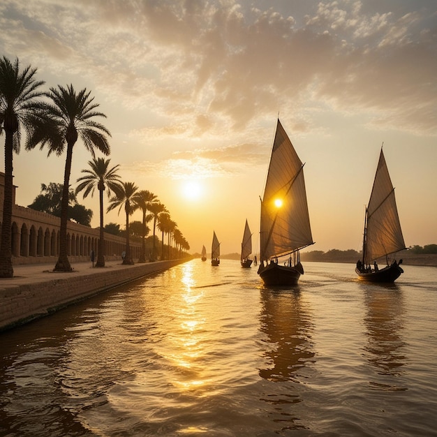 Photo a row of sailboats with palm trees in the background