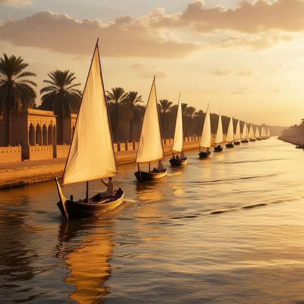 a row of sailboats with the sun setting behind them