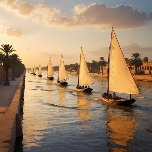 Photo a row of sailboats with a yellow sail on the front