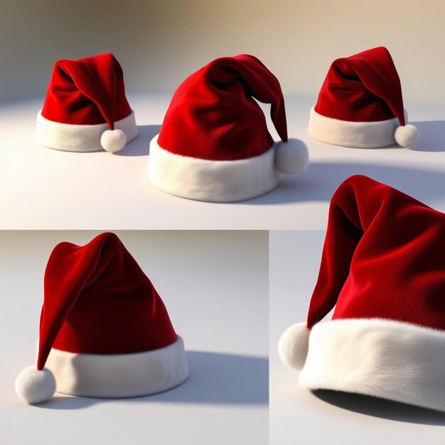 a row of santa hats are shown with one of them wearing a santa hat