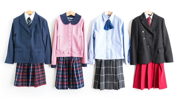 Photo a row of school uniforms with a blue shirt on the front