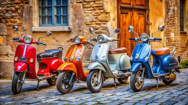 a row of scooters are lined up next to a building