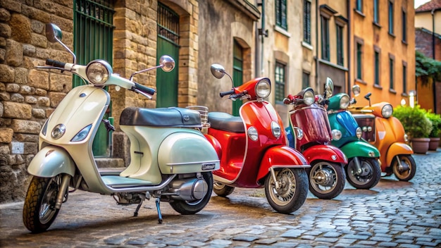 Photo a row of scooters are lined up on a cobblestone street