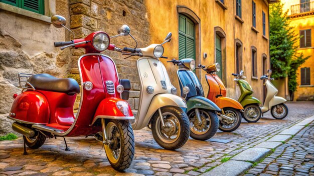 Photo a row of scooters are lined up on a sidewalk