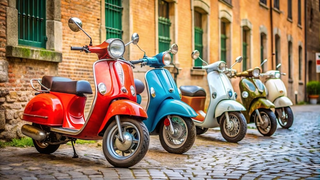 Photo a row of scooters are parked on a cobblestone street