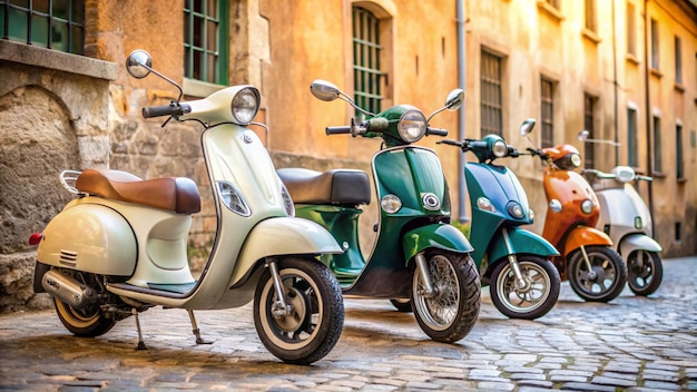 Photo a row of scooters are parked on a cobblestone street