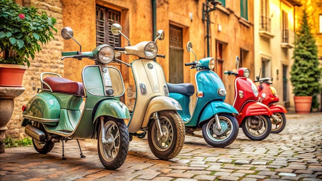 Photo a row of scooters with one that says vespa