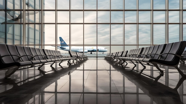 A row of seats in a terminal with a plane on the window