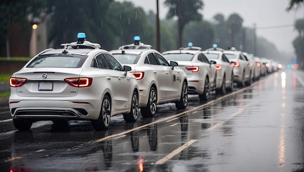 a row of self driving cars on a wet road