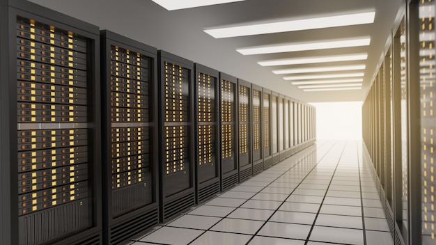 Row of server racks in computer network internet security server room data center. Blue theme color image. 3D rendering image