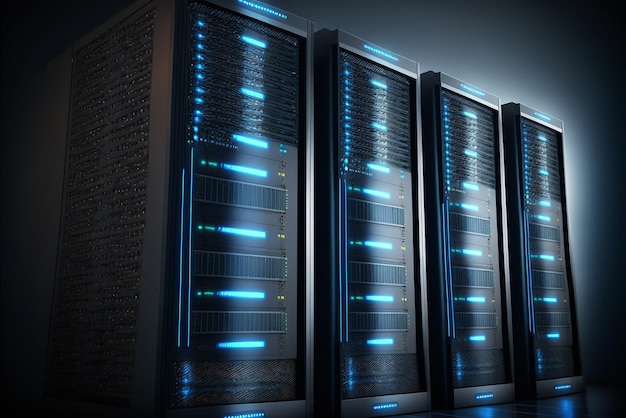 A row of server racks with blue lights and the word data on the bottom right.