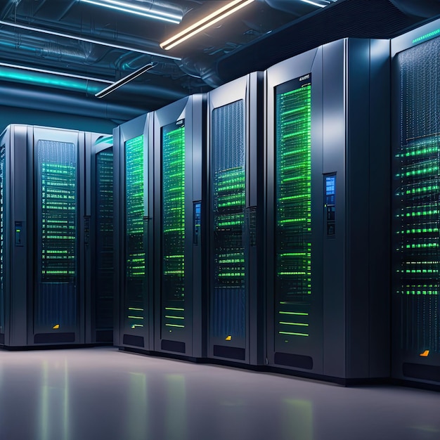 A row of server racks with green lights