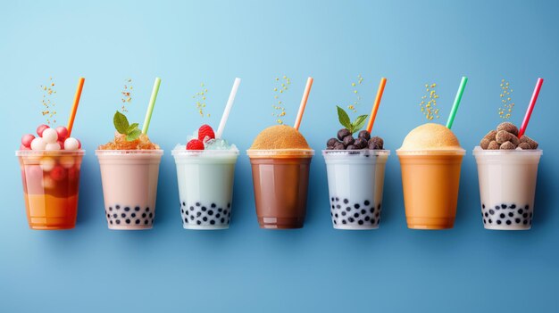 Photo a row of seven colorful bubble tea drinks in plastic cups with straws featuring a variety of toppings and flavors against a light blue background