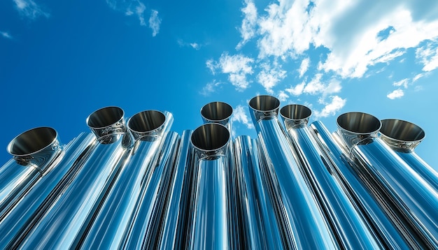 Photo a row of shiny metal pipes against a blue sky