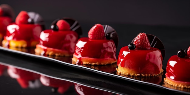 Photo a row of shiny red glazed desserts with raspberries on a reflective surface creating a dramatic and luxurious effect ideal for high end dessert or bakery promotions or event catering copy space