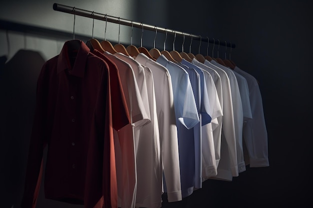 A row of shirts hanging on a rack in a dark room