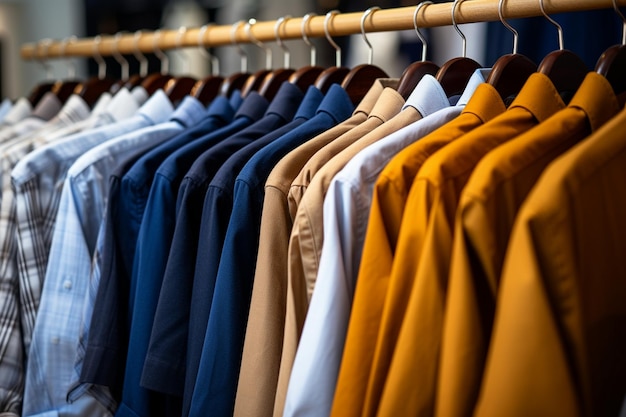 a row of shirts that are hanging in a store.