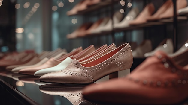 A row of shoes in a store display with a row of shoes.