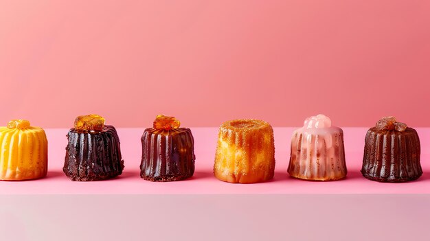 Photo a row of six assorted mini cakes on a pink background