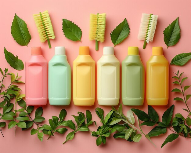 Photo a row of six bottles of cleaning products are arranged on a pink background