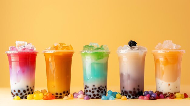 Photo a row of six colorful bubble tea drinks with various toppings on a yellow background