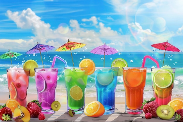 A row of six colorful cocktails garnished with fruit and umbrellas sit on a wooden surface with a sunny beach and ocean in the background Generative AI