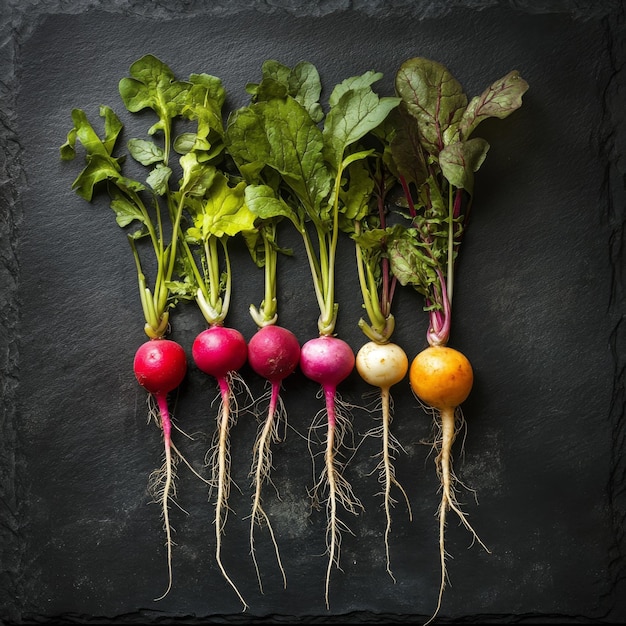 Photo a row of six colorful radishes with roots and greens