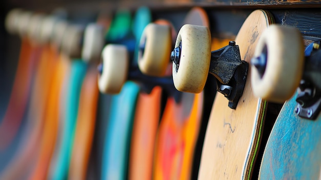 Photo row of skateboards hanging on a wall showcasing their colorful designs and wheels