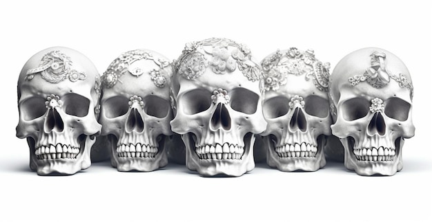 A row of skulls with the word day of the dead on them