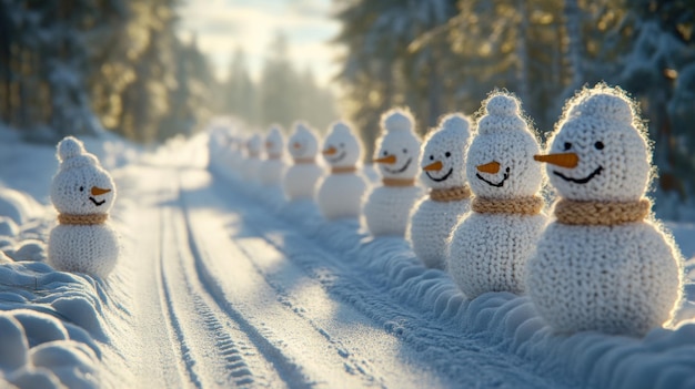 Photo a row of snowmen made out of knitted sweaters lined up on a road ai