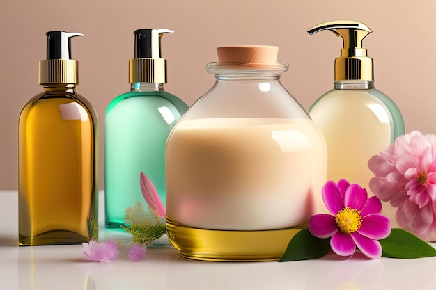 A row of soaps in different bottles with a flowers around