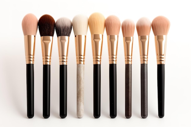 Photo a row of soft fluffy makeup brushes against a white background on a clear png or white background