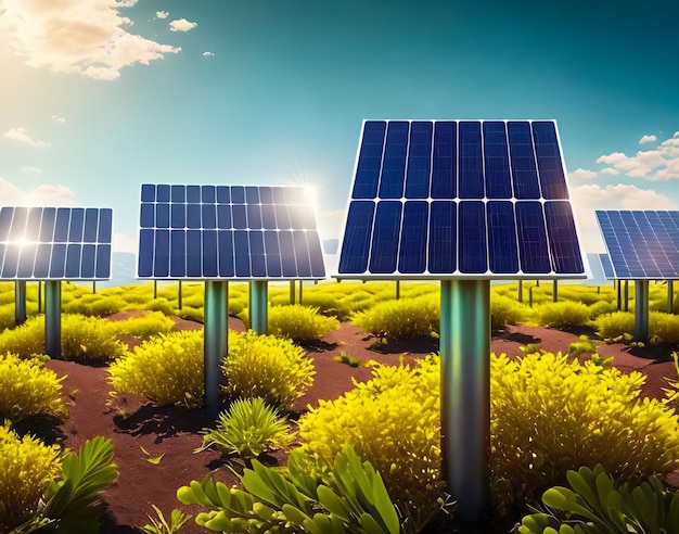 A row of solar panels are in a field with a blue sky in the background.