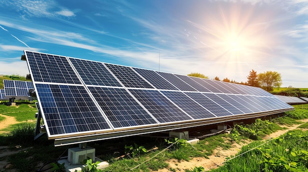 A row of solar panels captures the suns rays in a field