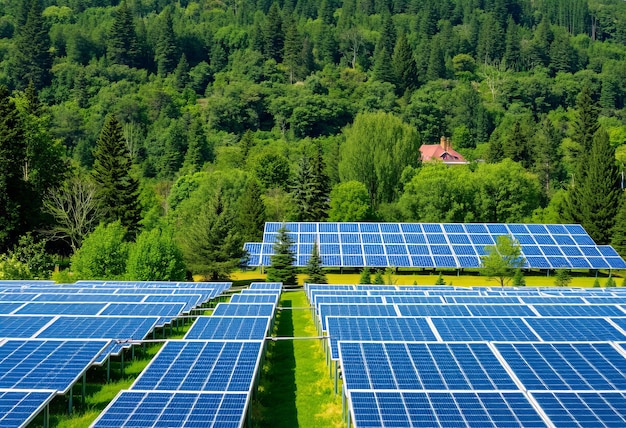 Photo a row of solar panels with a house in the background