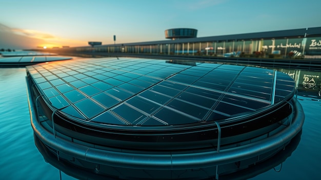 A row of solar panels with lights on them in the sunset AI