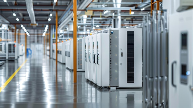 A row of solid state batteries in a clean energy factory focusing on sustainability