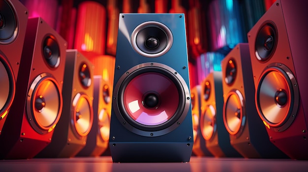 A row of speakers with glowing red and blue lights in the background