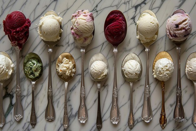 Photo a row of spoons with different flavors of ice cream