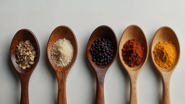 A row of spoons with different spices on them