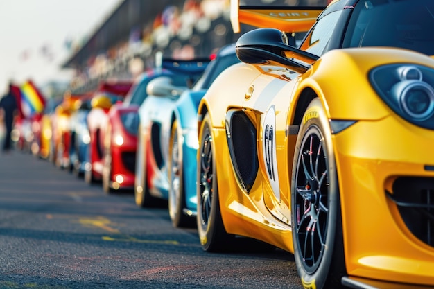 Photo a row of sports cars prepared for the start of a race with the finish line in sight